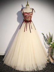 A line Champagne Long Prom Dresses, Champagne Formal Gown With Beading Velvet