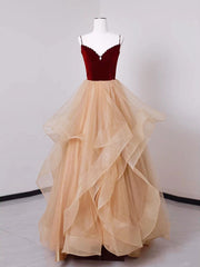 A-Line Champagne Tulle Long Prom Dresses, Velvet Graduation Dresses with Beading