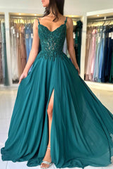 A-Line Chiffon Beaded Long Prom Dress, Dark Green Spaghetti Strap Evening Dress