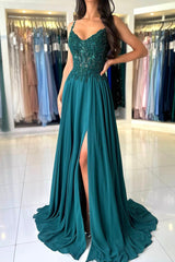 A-Line Chiffon Beaded Long Prom Dress, Dark Green Spaghetti Strap Evening Dress