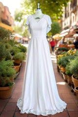 A-Line Chiffon Satin Ruffles Sheath V-Neck Long Bridesmaid Dress with Short Sleeves