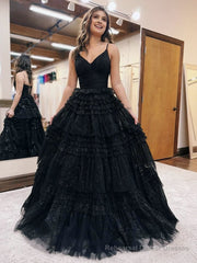 A-Line Deep V Neck Tiered Long Glitter Tulle Prom Dress