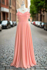 A-line Floor Length Spaghetti Straps Ruffles Long Bridesmaid Dresses