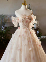 A-line Floral  Champagne Tulle Long Prom Dress, Elegant A-Line Formal Evening Dress