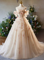 A-line Floral  Champagne Tulle Long Prom Dress, Elegant A-Line Formal Evening Dress