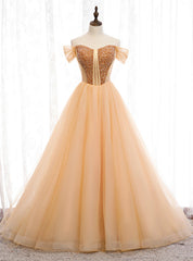 A-Line Gold Tulle Off the Shoulder Beading Prom Dress