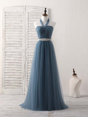 A-Line Gray Blue Tulle Long Bridesmaid Dress Gray Blue Prom Dress