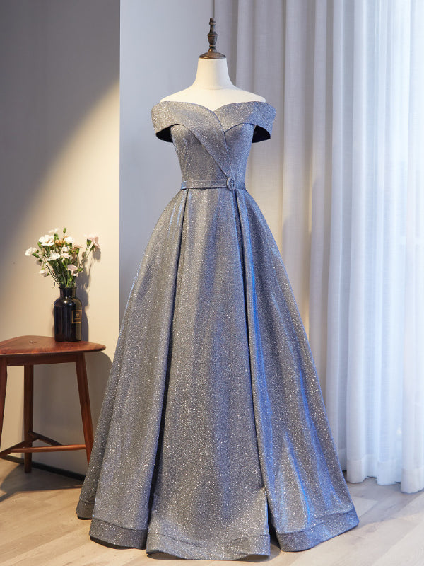 A-Line Gray Off the Shoulder Formal Prom Dress