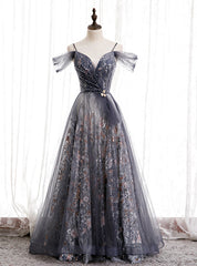 A-Line Gray Tulle Sequins Spaghetti Straps Prom Dress