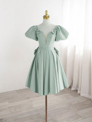 A-Line Green Puffy Sleeve Short Prom Dress, Green Formal Dress