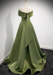 A-line Green Satin Off Shoulder Long Evening Dress, Green Floor Length Prom Dress