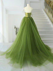 A-Line Green Tulle Long Prom Dress, Green Tulle Long Evening Dress