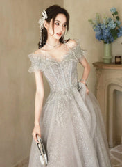 A-line Grey Shiny Tulle Off Shoulder Party Dress, Grey Beaded Prom Dress Evening Dress