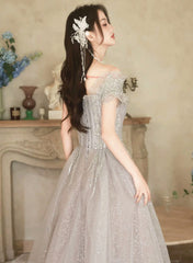 A-line Grey Shiny Tulle Off Shoulder Party Dress, Grey Beaded Prom Dress Evening Dress