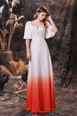 A Line Half Sleeves Ombre Silk Like Satin Floor Length Prom Dresses