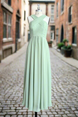 A Line Halter Chiffon Green Pleated Long Bridesmaid Dress