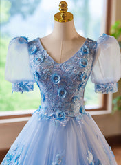 A-Line Light Blue Tulle With Lace Short Sleeves Prom Dress, Tulle Sweet 16 Dress