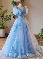 A-Line Light Blue Tulle With Lace Short Sleeves Prom Dress, Tulle Sweet 16 Dress