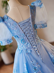 A-Line Light Blue Tulle With Lace Short Sleeves Prom Dress, Tulle Sweet 16 Dress