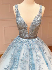 A Line Light Blue V Neck Lace Long Prom Dress