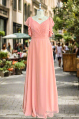 A-Line Light Coral Ruffled Flutter Sleeves Chiffon Bridesmaid Dress