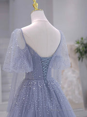 A-Line Long sleeves Beading Gray Blue Long Prom Dress, Gray Blue Formal Dress