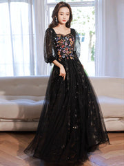 A-Line long sleeves Tulle Lace Black Long Prom Dress, Black Lace Long Formal Dress