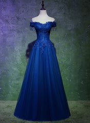 A-line Off Shoulder Blue Beaded and Lace Long Party Dress, Blue Formal Dress