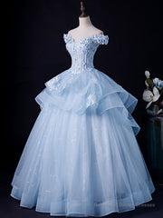 A-Line Off Shoulder Lace Tulle Blue Long Prom Dress, Blue Sweet 16 Dress