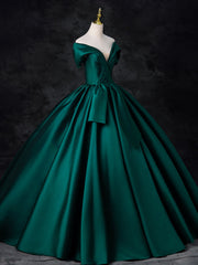 A-Line Off Shoulder Satin Green Long Prom Dress, Green Long Formal Dress