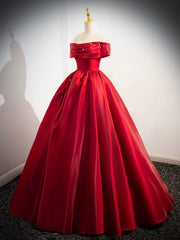 A-Line Off Shoulder Satin Red Long Prom Dress, Red Long Evening Dress