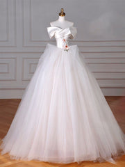 A-Line Off Shoulder Tulle Beige Long Prom Dress, Beige Tulle Long Formal Dress