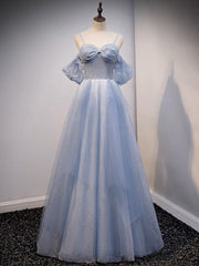 A-Line Off Shoulder Tulle Gray Blue Long Prom Dress, Gray Blue Long Formal Dress