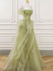 A-Line Off Shoulder Tulle Lace Green Long Prom Dress, Green Long Graduation Dress