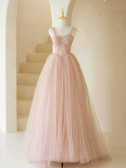 A-Line Off Shoulder Tulle Lace Pink Long Prom Dress, Pink Long Formal Dress