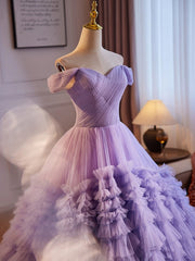 A-Line Off Shoulder Tulle Purple Long Prom Dress, Purple Long Evening Dress