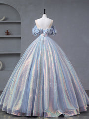 A-Line Off Shoulder Tulle Sequin Blue Purple Long Prom Dress, Sequin Formal Dress