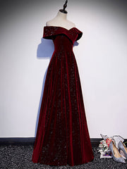 A-Line Off Shoulder Velvet Burgundy Long Prom Dress, Burgundy Long Formal Dress