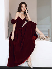 A-Line off Shoulder Velvet Tea Length Burgundy Prom Dress, Burgundy Evening Dress