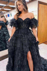 A line Off-the-Shoulder Glitter Tulle Prom Dress with Slit