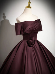 A-Line Off the Shoulders Satin Maroon Long Prom Dress, Maroon Long Formal Dress