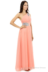 A-line One-shoulder Chiffon Beaded Crystals Coral Bridesmaid Dresses