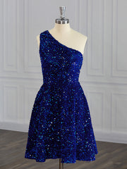 A-line One-Shoulder Sequin Short/Mini Velvet Sequins Dress