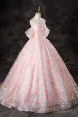 A-Line Pink Flowers Tulle Long Princess Dress, Off the Shoulder Formal Evening Dress