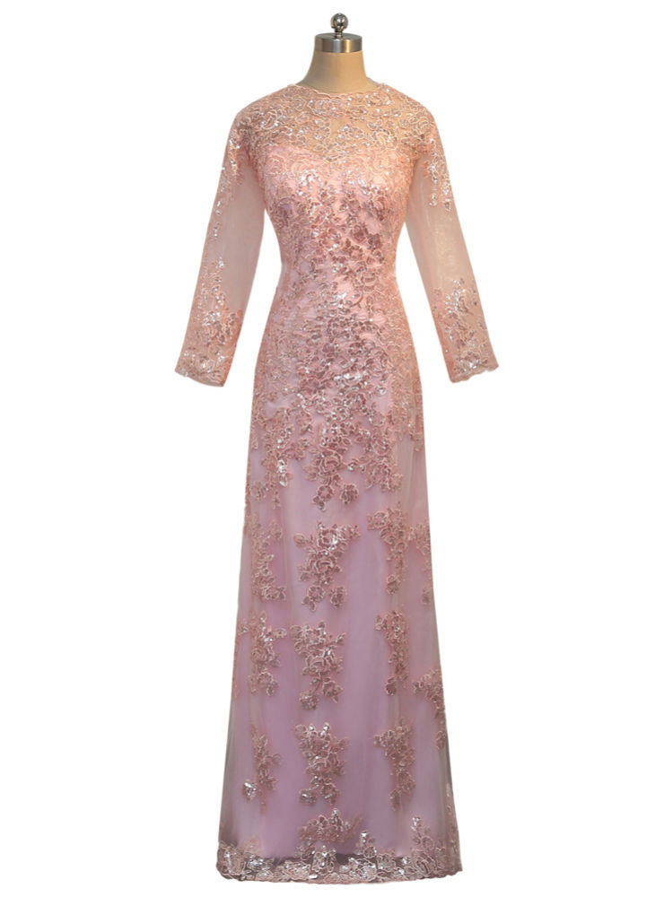 A-line Pink Lace Long Sleeves Appliques Mother Of The Bride Dresses