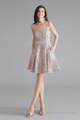 A-Line Pink Leopard Sequins Spaghetti Straps Cross Back Homecoming Dresses