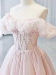 A-line Pink Off Shoulder Beaded Sweetheart Party Dress, Pink Tulle Prom Dress