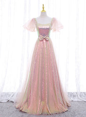 A-line Pink Sequins Puff Sleeve Prom Dress