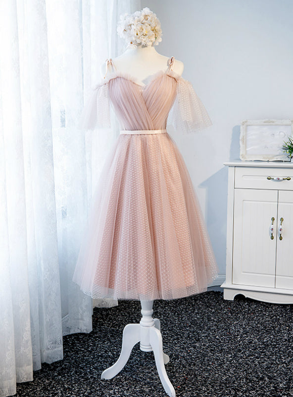 A-Line Pink Straps Tulle Bridesmaid Dress