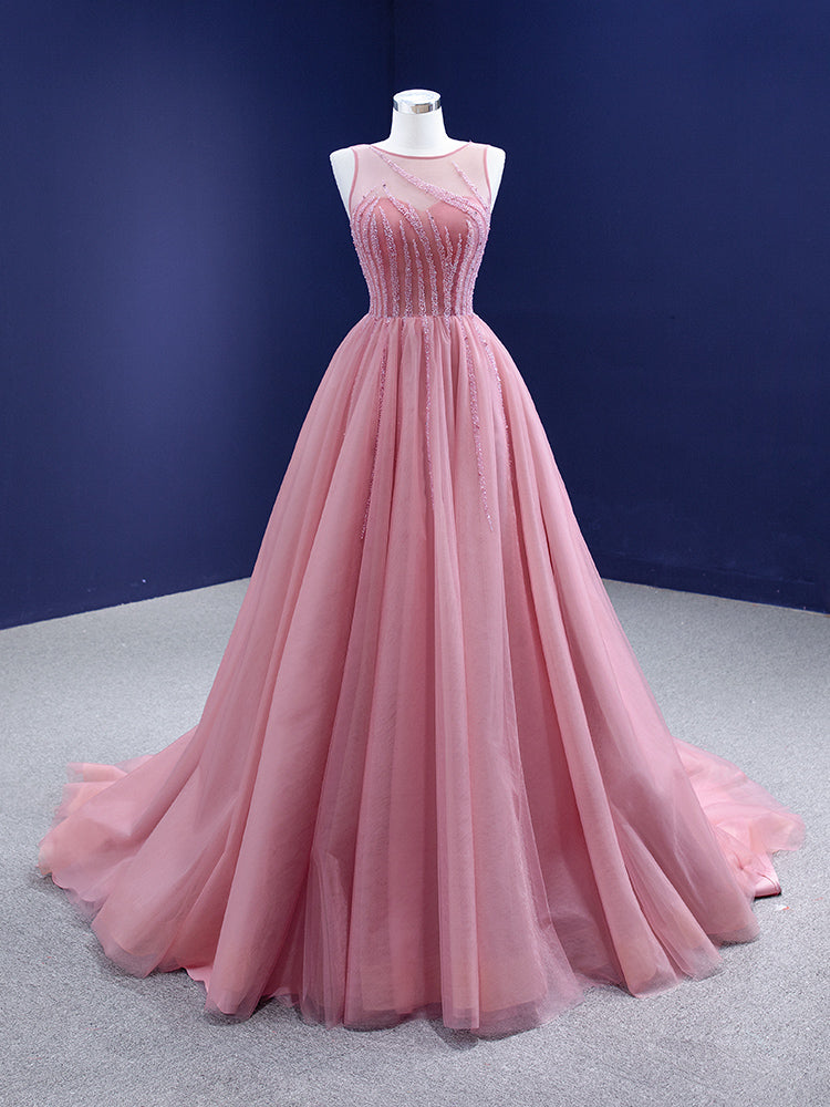 A-Line Pink Tulle Backless Beading Prom Dress